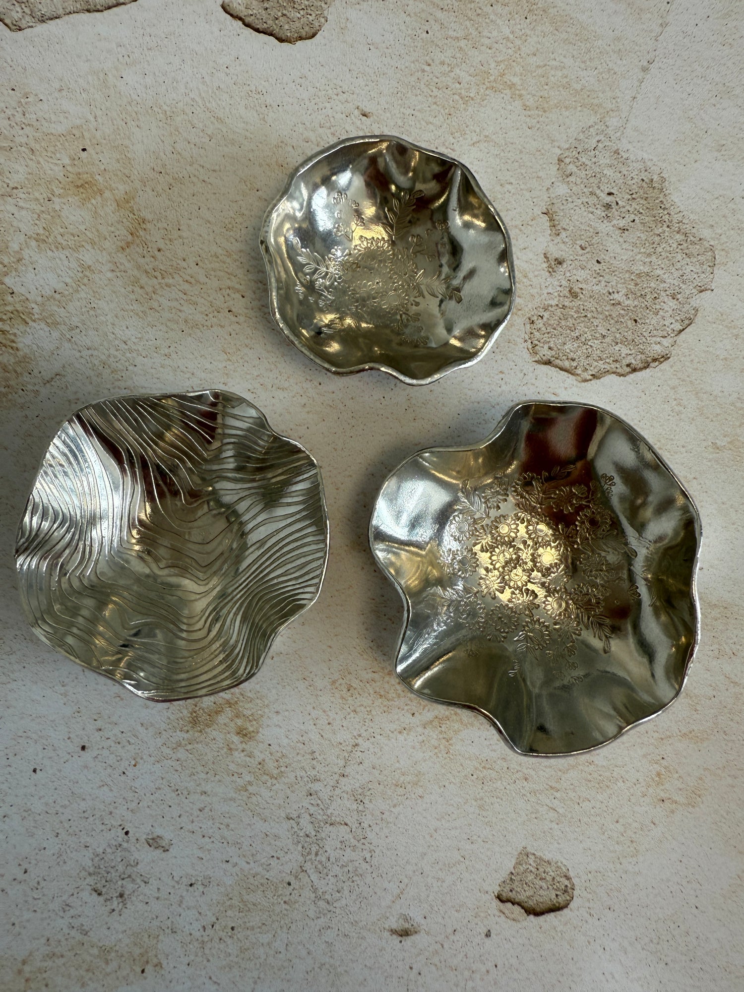 Three trinket dishes made of Cornish tin. A handmade gift made in Cornwall
